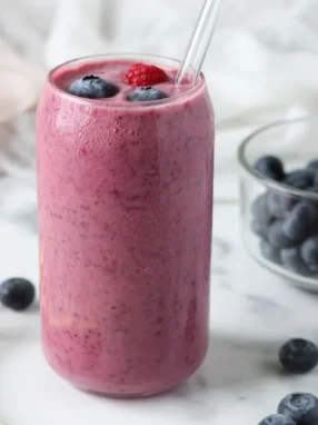 Banana Berry Kefir Smoothie made with kefir, frozen berries, and banana for a healthy drink.