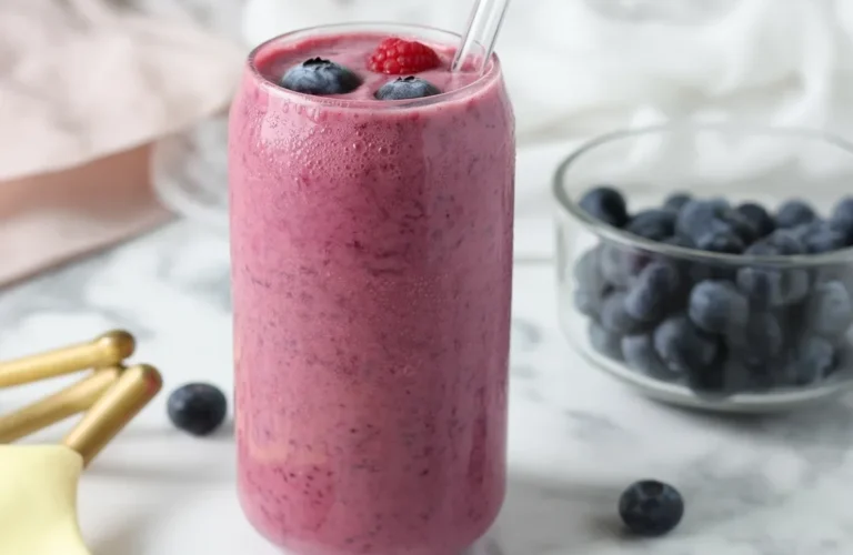 Banana Berry Kefir Smoothie made with kefir, frozen berries, and banana for a healthy drink.