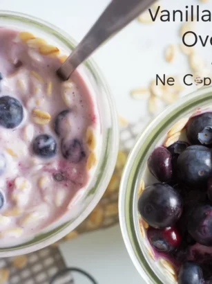 Healthy Vanilla Blueberry Kefir Overnight Oats with fresh blueberries and chia seeds