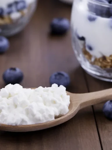 A bowl of milk kefir surrounded by kefir grains and a historical background.