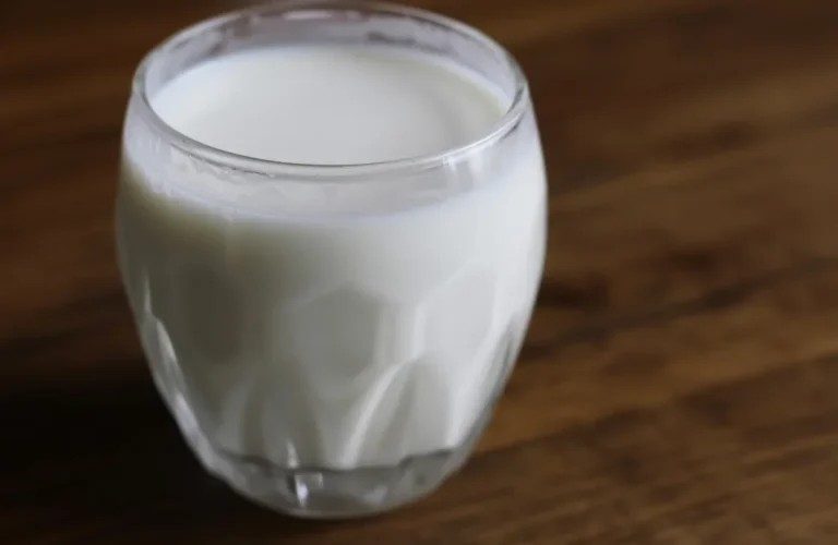 Glass of kefir drink made from grains originating from the Caucasus mountains.