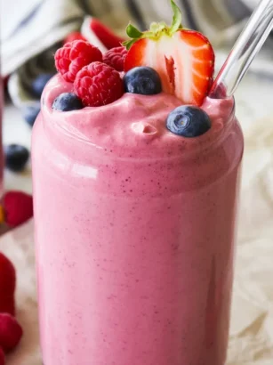 Delicious berry kefir smoothie for a healthy breakfast packed with probiotics.