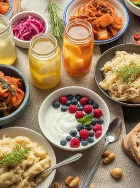 A glass of gut probiotics kefir with fresh fruits, promoting digestive health.