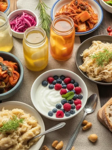 A glass of gut probiotics kefir with fresh fruits, promoting digestive health.