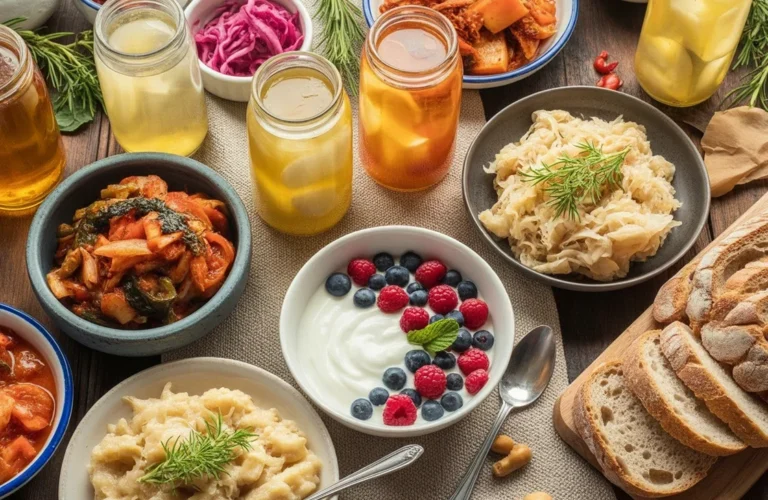 A glass of gut probiotics kefir with fresh fruits, promoting digestive health.