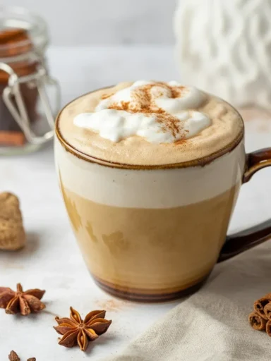 Gingerbread Spice Coconut Water Kefir Latte topped with creamy spices and coconut.