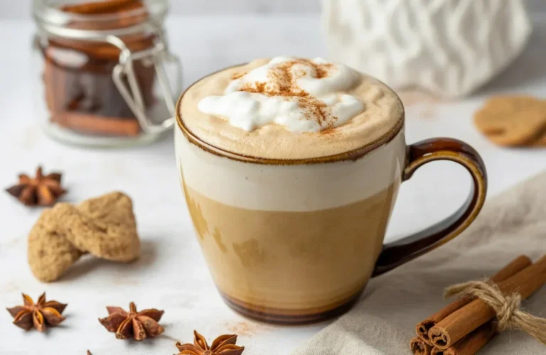 Gingerbread Spice Coconut Water Kefir Latte topped with creamy spices and coconut.