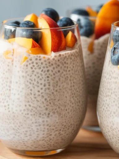 Delicious Healthy Kefir Chia Pudding topped with fresh berries and nuts.