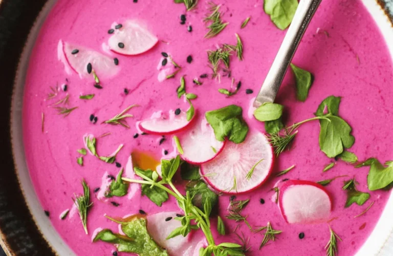 A bowl of vibrant Kefir Beet Gazpacho garnished with fresh herbs.