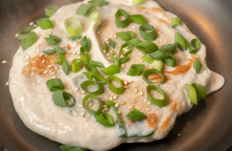 Delicious Kefir Black Sesame Pancakes served with syrup and garnished with sesame seeds.