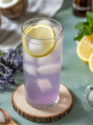 Lavender Lemon Coconut Water Kefir Spritzer in a glass with mint garnish