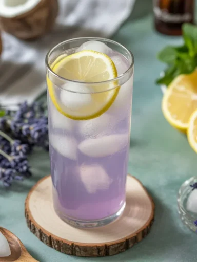Lavender Lemon Coconut Water Kefir Spritzer in a glass with mint garnish