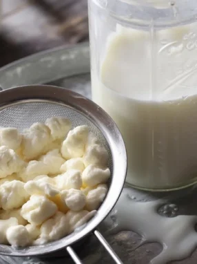 Homemade Kéfir de lait ready for fermentation in a glass jar.