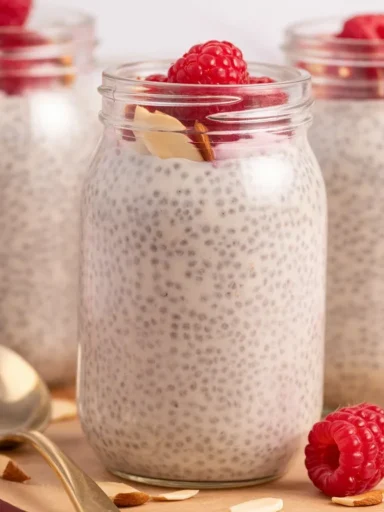 Bowl of Raspberry Kefir Overnight Oats topped with fresh berries and nuts.