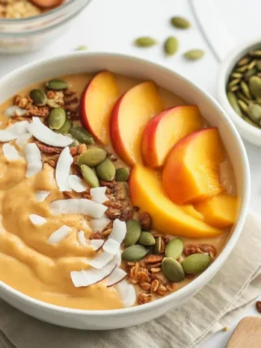 Spiced Pumpkin Pie Coconut Water Kefir Smoothie Bowl topped with berries and pumpkin seeds.