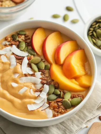 Spiced Pumpkin Pie Coconut Water Kefir Smoothie Bowl topped with berries and pumpkin seeds.