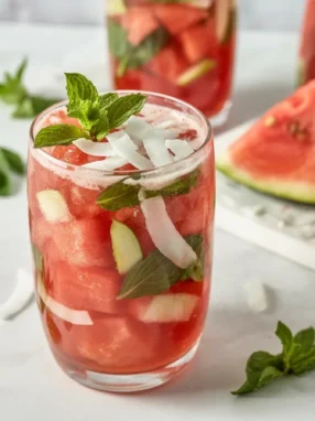 Spicy Watermelon Mint Coconut Water Kefir Cooler served in a chilled glass.