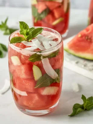 Spicy Watermelon Mint Coconut Water Kefir Cooler served in a chilled glass.
