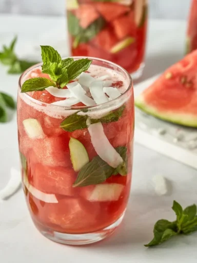 Spicy Watermelon Mint Coconut Water Kefir Cooler served in a chilled glass.
