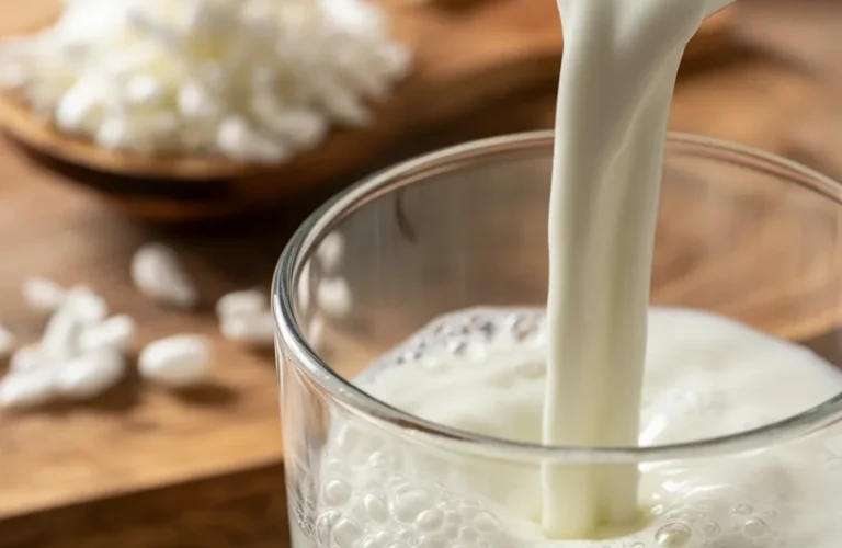 A glass of prebiotics kefir with berries and banana, showcasing its health benefits.