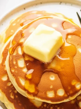 Fluffy Yogurt and Kefir Pancakes served with maple syrup and fresh fruits.