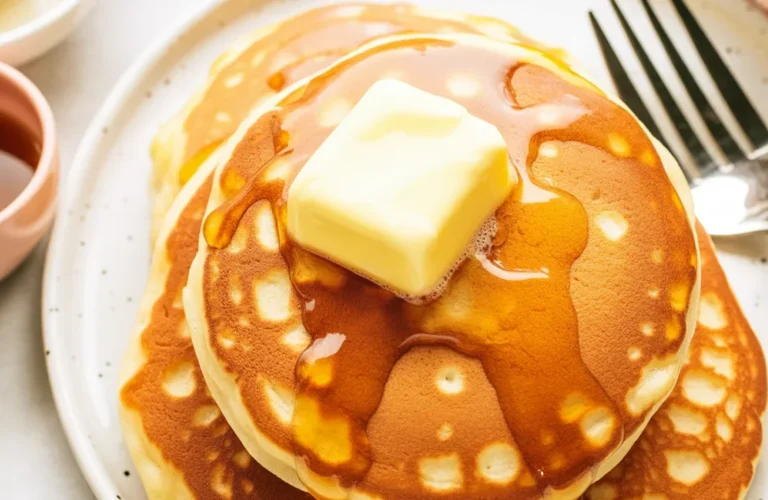 Fluffy Yogurt and Kefir Pancakes served with maple syrup and fresh fruits.