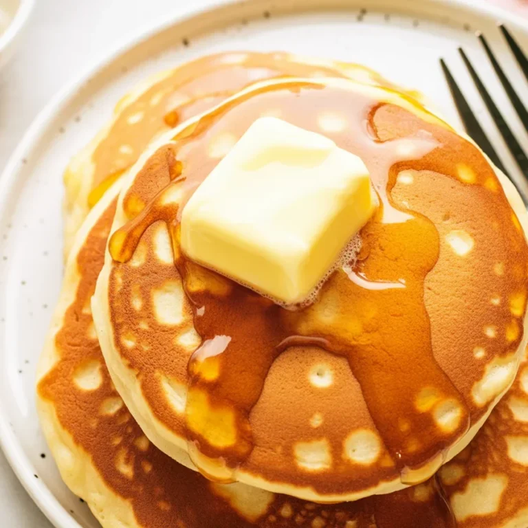 Fluffy Yogurt and Kefir Pancakes served with maple syrup and fresh fruits.