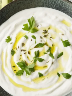 Yogurt-Kefir Garlic Sauce served in a bowl with fresh herbs and lemon