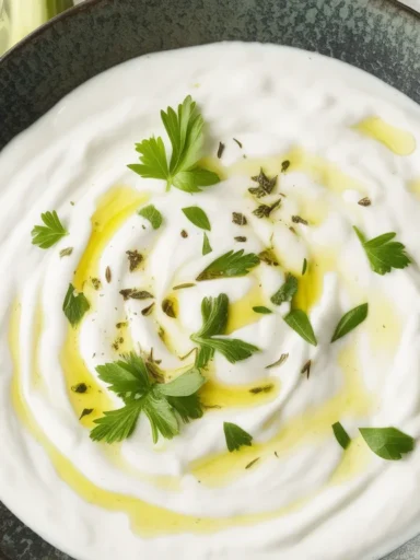 Yogurt-Kefir Garlic Sauce served in a bowl with fresh herbs and lemon