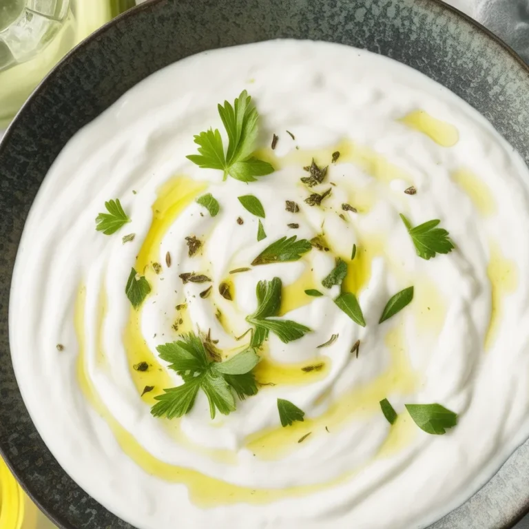 Yogurt-Kefir Garlic Sauce served in a bowl with fresh herbs and lemon
