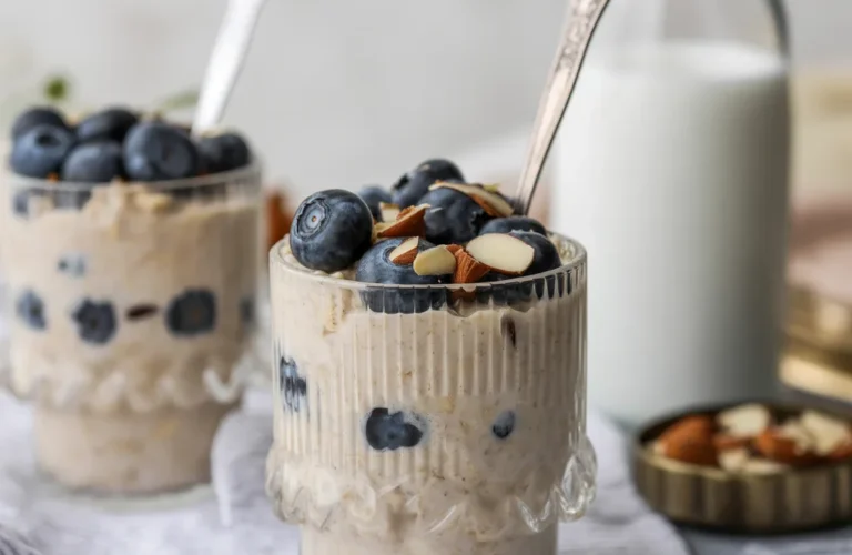 Bowl of Yogurt Kefir Overnight Muesli topped with fresh fruit and nuts