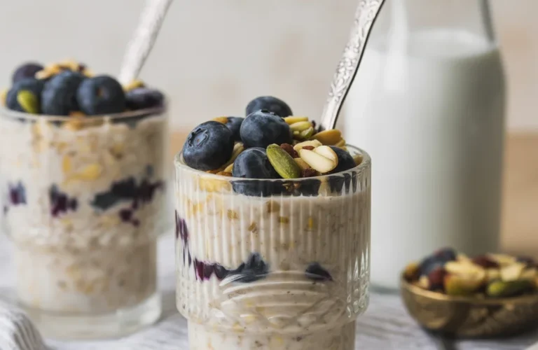 Yogurt-Kefir Overnight Oats in a mason jar with fruit and chia seeds.