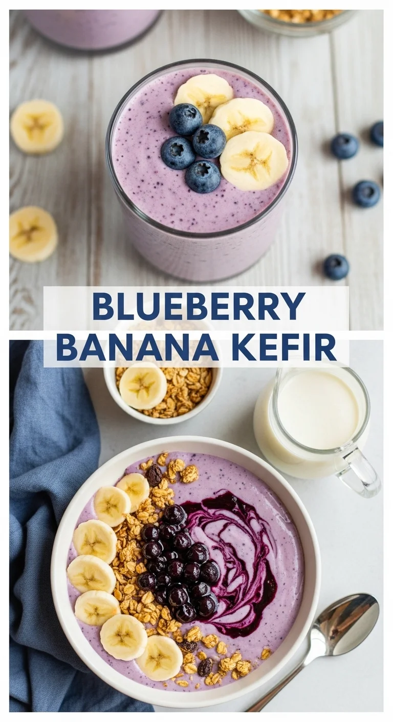 Vertical pin showing two delicious smartphone photos of creamy, vibrant Blueberry Banana Kefir smoothies in glass jars, garnished with fresh berries and sliced bananas, with the text 'Blueberry Banana Kefir' prominently displayed in the center.
