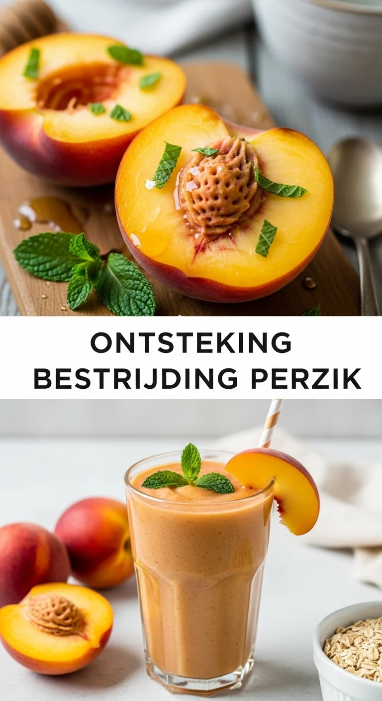 Vertical pin showing two delicious smartphone photos of ripe, sun-kissed peaches, one fresh and whole, and another diced into a refreshing yogurt bowl, with the text 'Ontsteking Bestrijding Perzik' boldly displayed in the center.