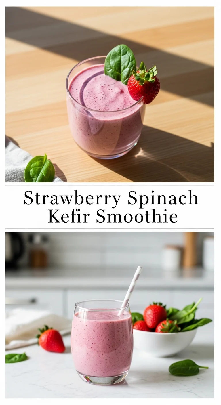 Vertical pin showing two delicious smartphone photos of a vibrant, creamy Strawberry Spinach Kefir Smoothie in a glass, with fresh strawberries and spinach, and the text 'Strawberry Spinach Kefir Smoothie' in the center.