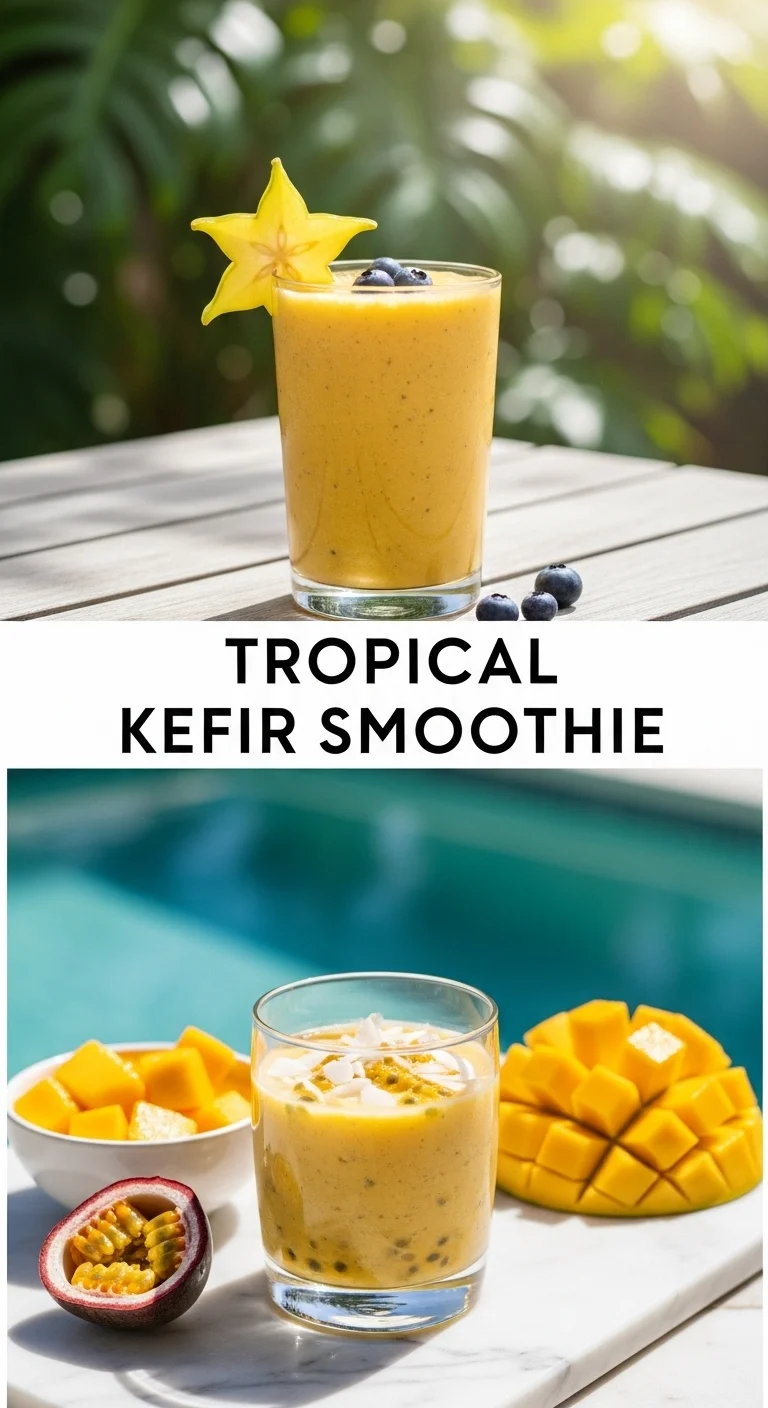 Vertical pin showing two delicious smartphone photos of a vibrant, creamy Tropical Kefir Smoothie in clear glasses, garnished with fresh fruit, with the text 'Tropical Kefir Smoothie' in the center.