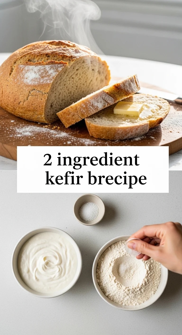 Vertical pin showing two delicious smartphone photos of a golden-brown, rustic 2 ingredient kefir bread, one image featuring the whole loaf and another a slice revealing its soft, airy texture, with the main keyword '2 ingredient kefir bread recipe' in the center.