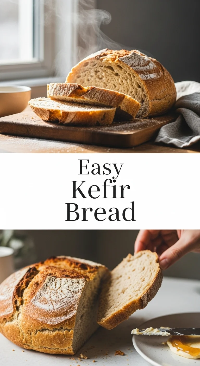 Vertical pin displaying a split layout with two appetizing smartphone photos of 'Easy Kefir Bread'. The top photo shows a golden-brown loaf with a crisp crust, and the bottom photo features slices revealing its soft, airy texture. The main keyword 'Easy Kefir Bread' is centered between the images.