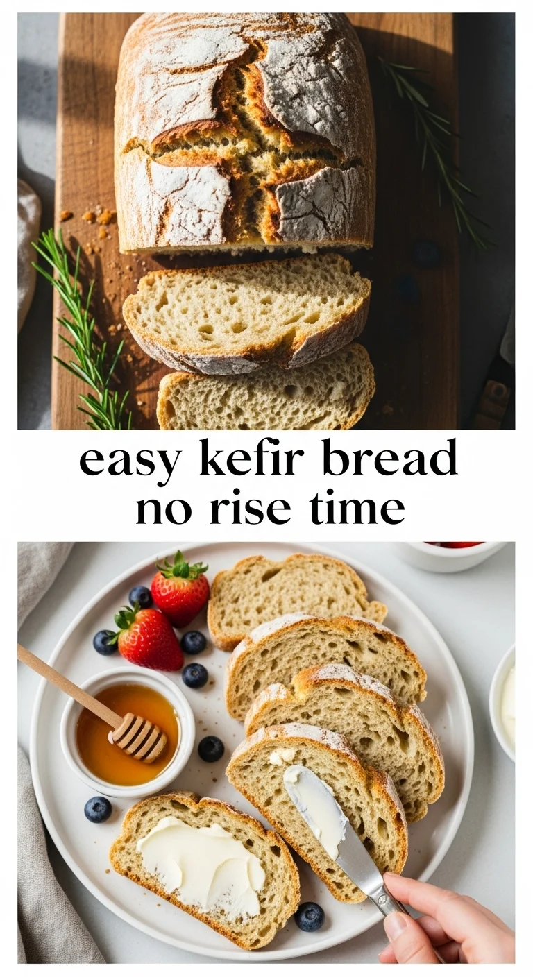Vertical pin showing two delicious smartphone photos of golden-brown, rustic kefir bread slices, one with a smear of butter and the other displaying its soft crumb, with the text 'easy kefir bread no rise time' prominently in the center.