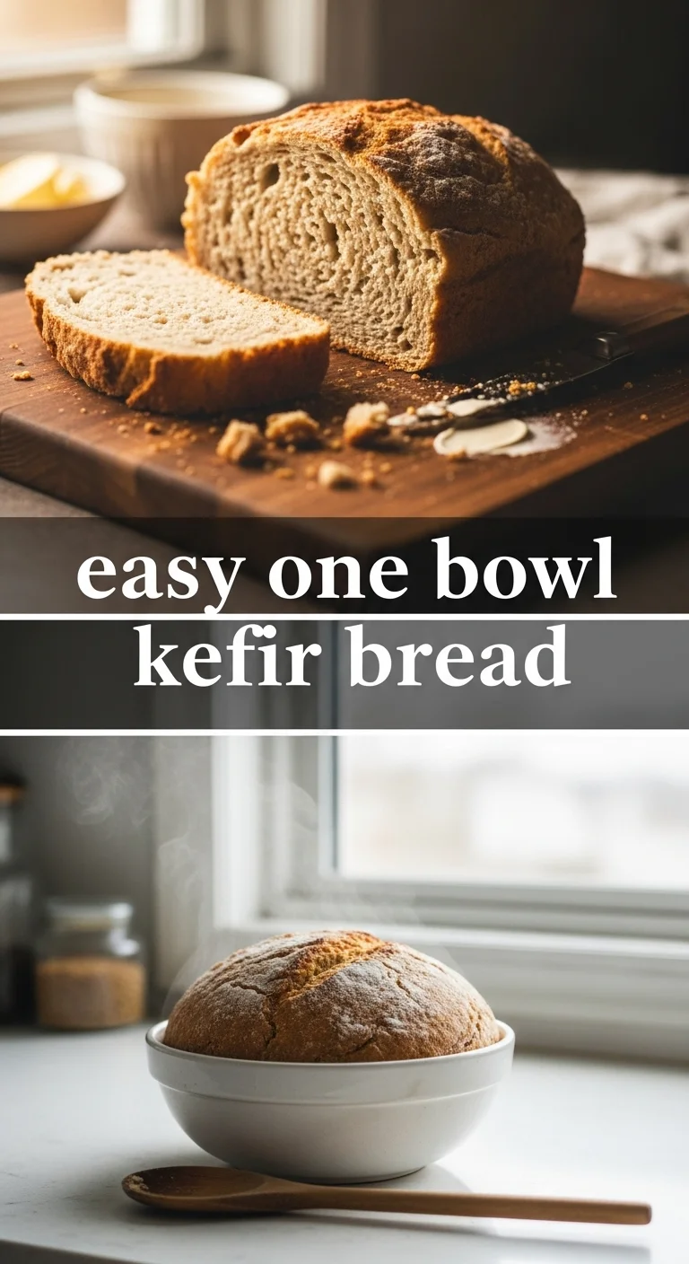 Vertical pin showing two delicious, warm slices of homemade easy one bowl kefir bread, one plain and one with herbs, with the text 'easy one bowl kefir bread' prominently displayed in the center.