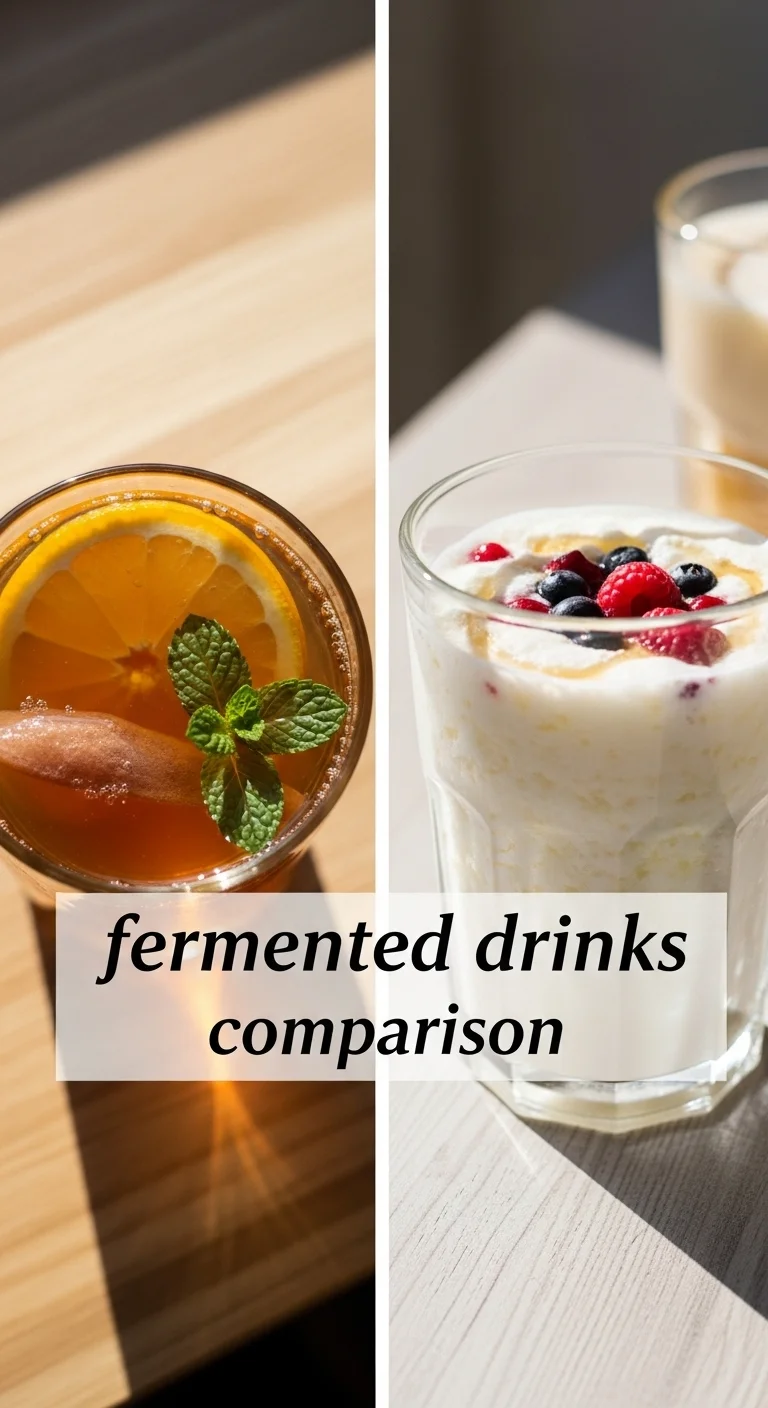 Vertical pin showing two delicious smartphone photos: one with a vibrant glass of golden kombucha garnished with fresh berries and mint, and another with creamy, frothy kefir in a glass jar. The text 'fermented drinks comparison' is prominently displayed in the center, guiding you to healthier choices.