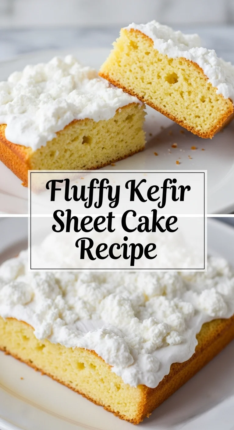 Vertical pin showing two delicious smartphone photos of a golden-brown, perfectly fluffy kefir sheet cake, one with a slice removed showing its moist interior and the other topped with a creamy frosting. The main keyword 'Fluffy Kefir Sheet Cake Recipe' is prominently displayed in the center.