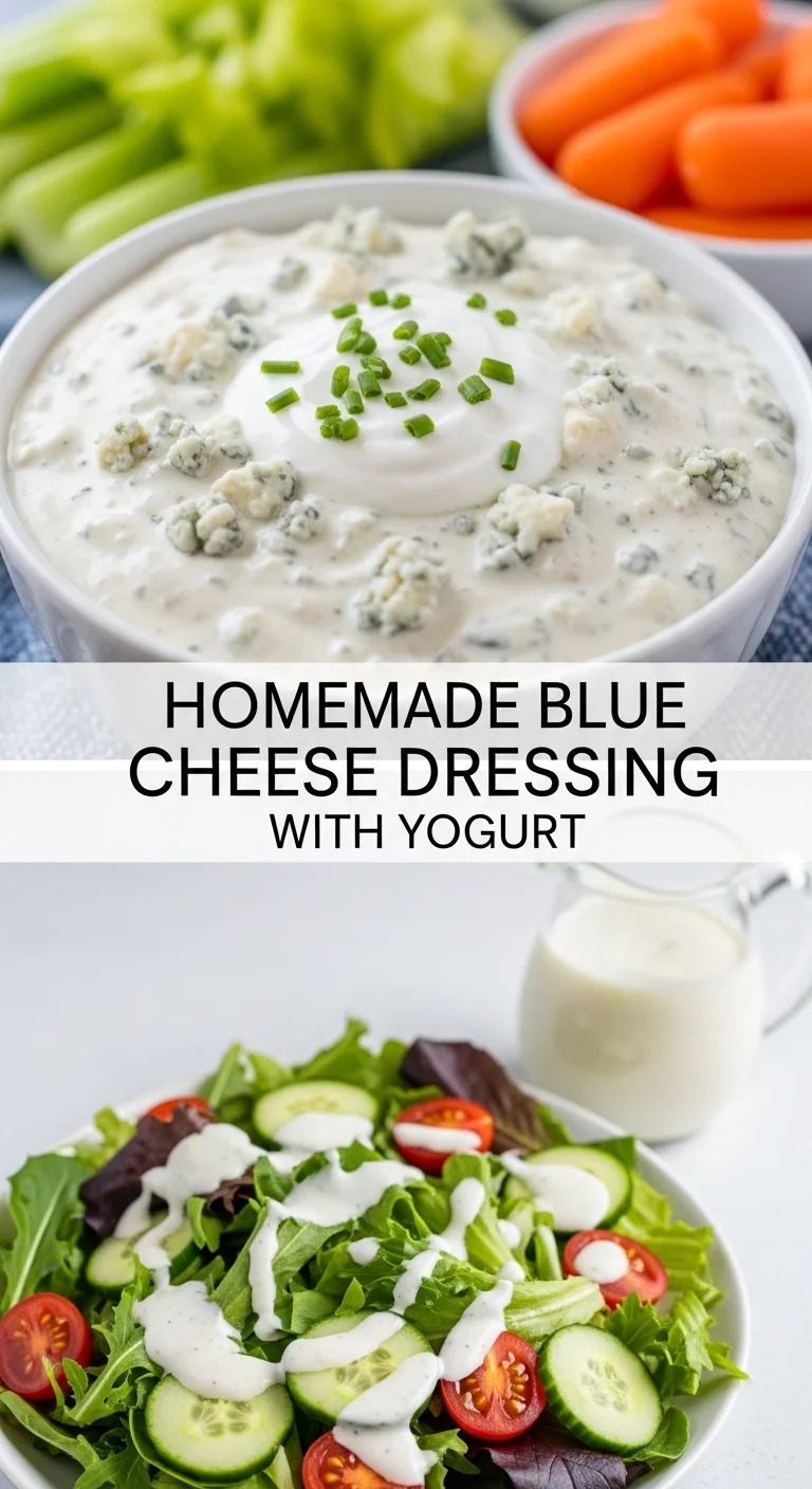 Vertical pin showing two delicious smartphone photos of a rich, creamy blue cheese dressing drizzled over crisp salad greens, with the text 'Homemade Blue Cheese Dressing with Yogurt' in the center.
