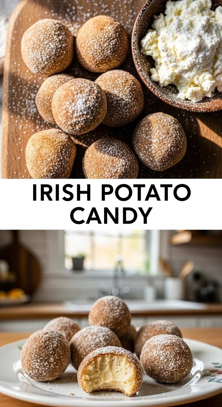 A vertical split pin image showcasing two enticing pictures of creamy Ikefir rish Potato Candy, perfect for st patrick’s day treats. The main keyword 'Ikefir rish Potato Candy' is prominently displayed in the center, inviting viewers to discover these delightful, cinnamon-dusted confections.