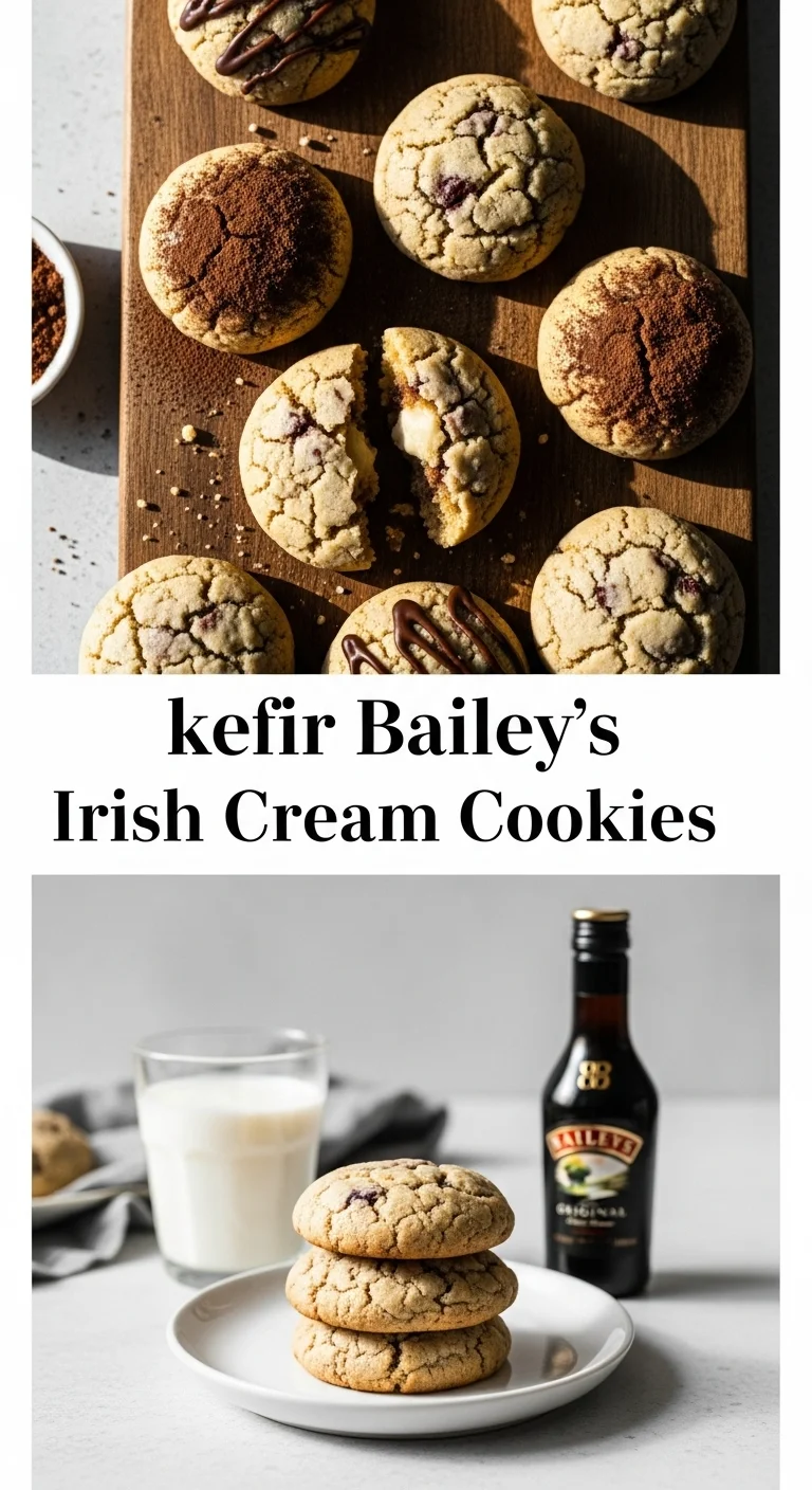 A vertical split layout image featuring two mouth-watering pictures of Kefir Bailey's Irish Cream Cookies. The top shows a plate of beautifully glazed cookies, while the bottom highlights their soft, inviting interior. The main keyword 'kefir Bailey's Irish Cream Cookies' is boldly centered, inviting bakers to discover these delightful St. Patrick's Day treats.