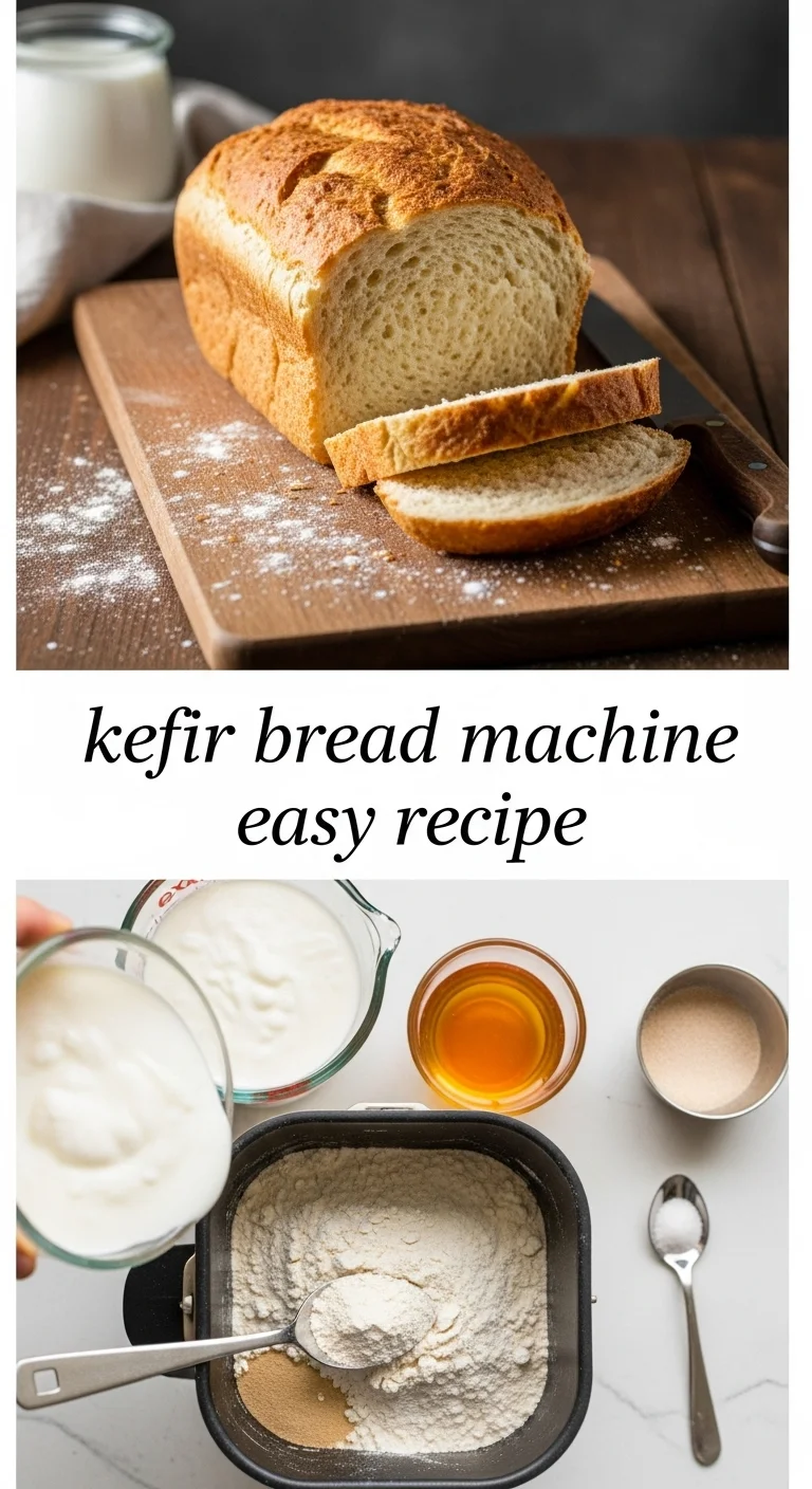 Vertical pin showing two delicious smartphone photos of a beautifully golden, fluffy kefir bread loaf, freshly sliced to reveal a soft, airy interior. The text 'kefir bread machine easy recipe' is prominently displayed in the center.