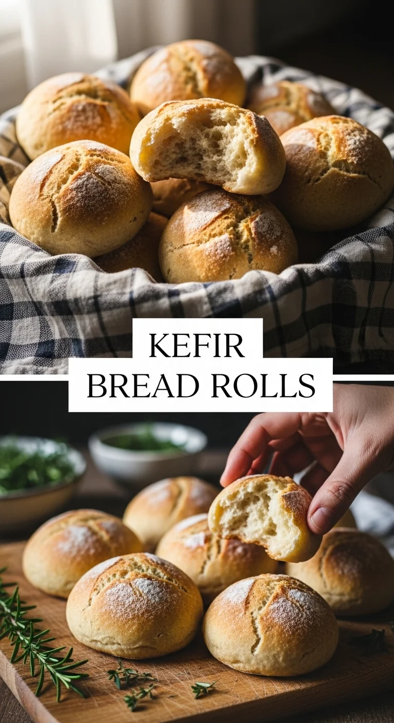 Vertical pin showing two delicious smartphone photos of golden-brown, perfectly risen Kefir Bread Rolls, with the text 'Kefir Bread Rolls' centered between them. One photo showcases the crust, the other a fluffy interior.