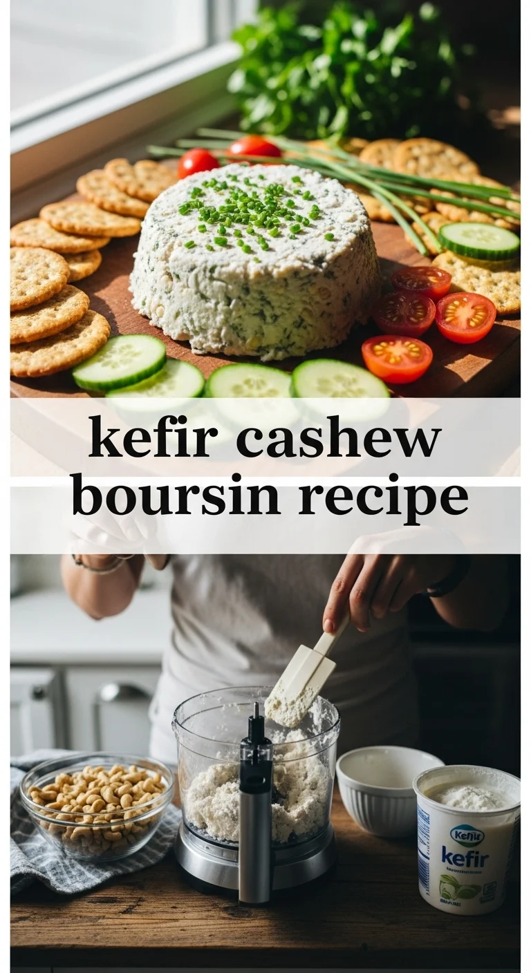 Vertical pin showing two delicious smartphone photos of creamy, herbaceous vegan kefir cashew boursin spread, beautifully garnished with fresh herbs, with the text 'kefir cashew boursin recipe' prominently displayed in the center.