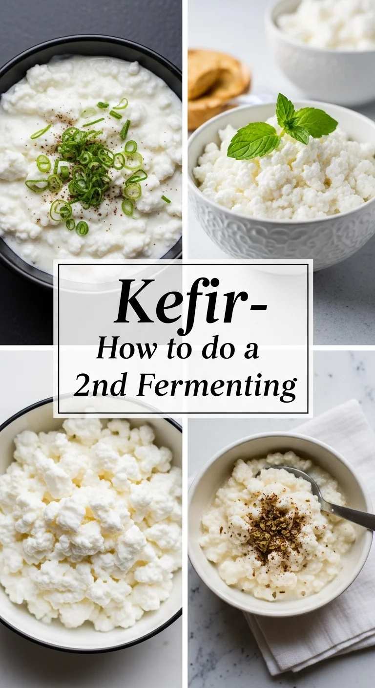 Vertical pin showing two delicious smartphone photos: a top image of vibrant berry-infused kefir in a glass bottle, and a bottom image of creamy plain kefir in a jar, with the text 'Kefir-How to do a 2nd Fermenting' prominently displayed in the center.