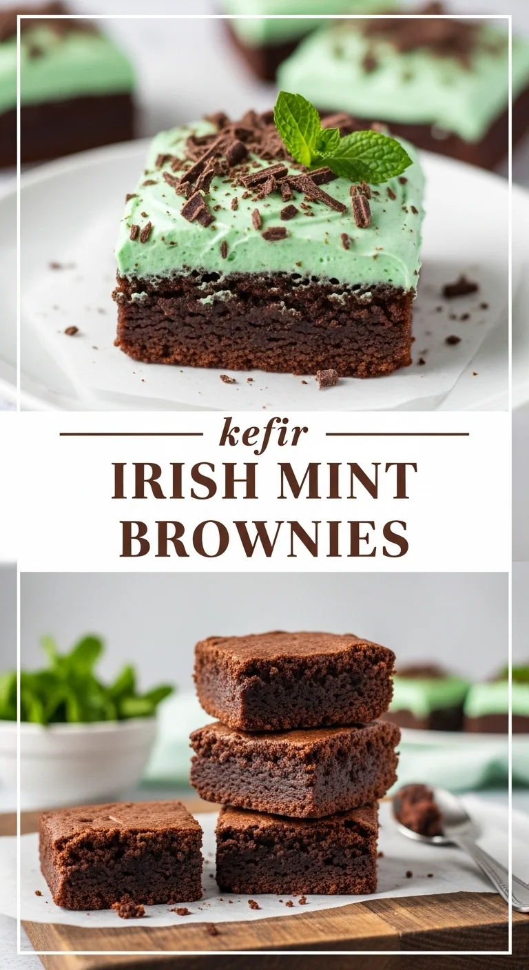 A vertical split image featuring two distinct views of decadent kefir Irish Mint Brownies, with the text 'Kefir Irish Mint Brownies' prominently displayed in the center. The top image shows a close-up of a brownie square with a vibrant mint frosting and chocolate drizzle, while the bottom image displays a stack of several brownies, glistening and ready to be enjoyed as special St Patrick's Day treats.